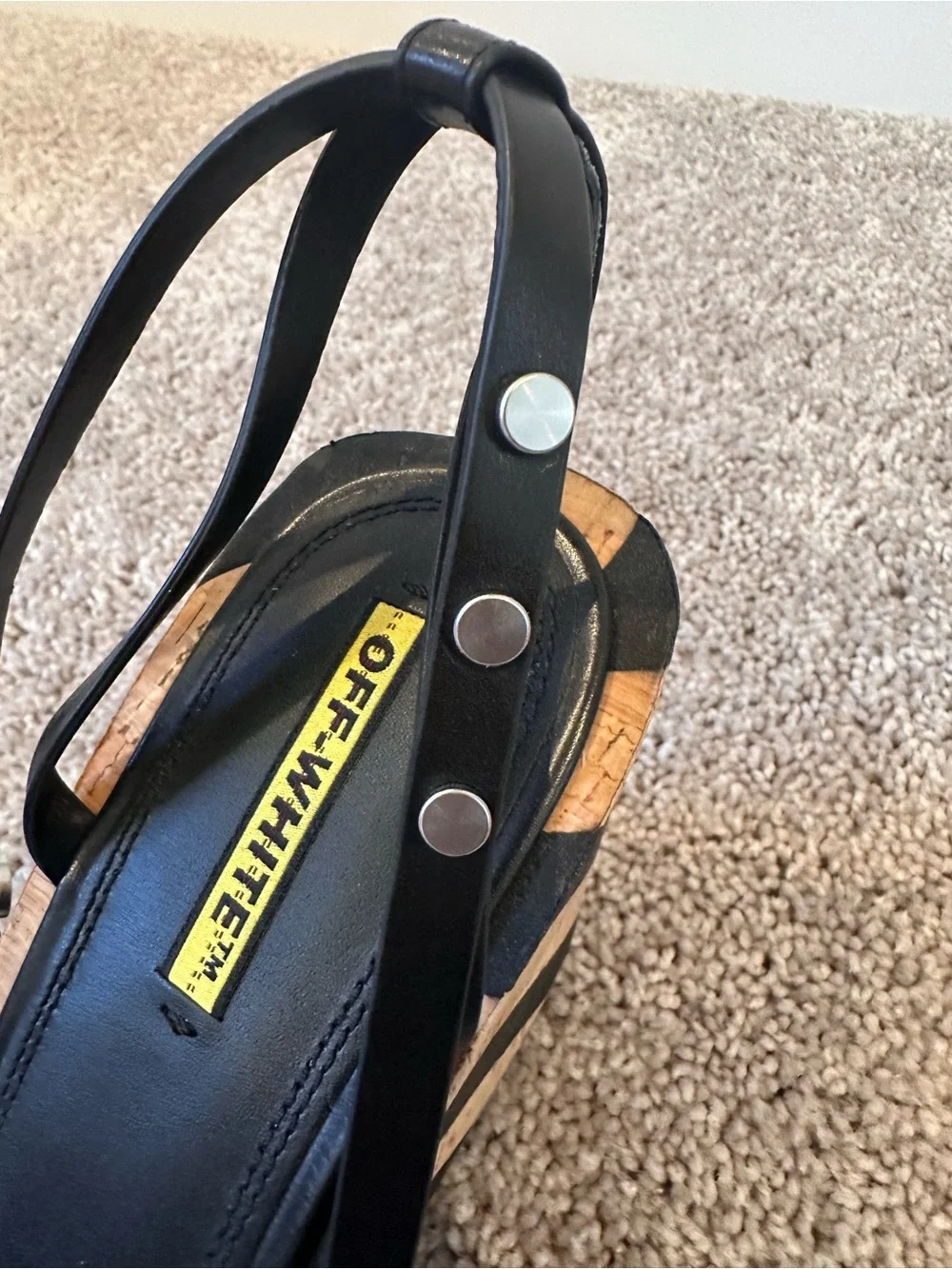 Off-White Black Leather Cork-Trim Wedge Sandals